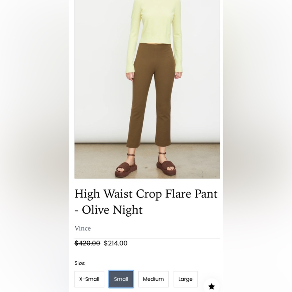 Vince High Waist Crop Flare Pant - Olive Night size small. NEW!